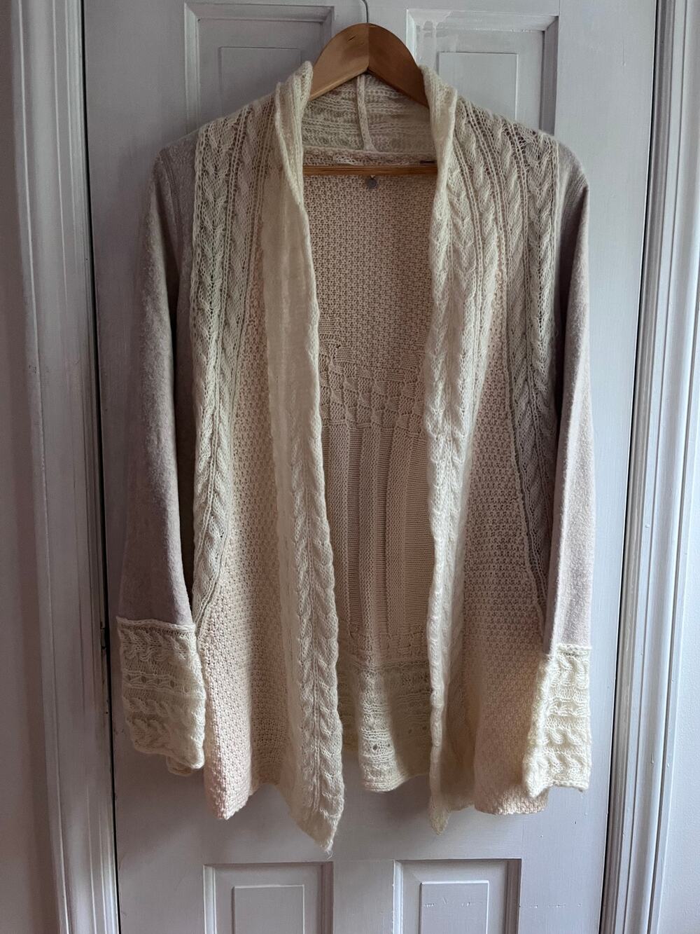 Anthropologie Knitted Knotted Mohair Wool Open Knit Draped Cardigan Cream Sz S